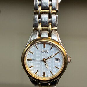 Citizen Eco-Drive Ladies Watch Date Gold Silver Tone n-e011-s077147-ka EXCELLENT